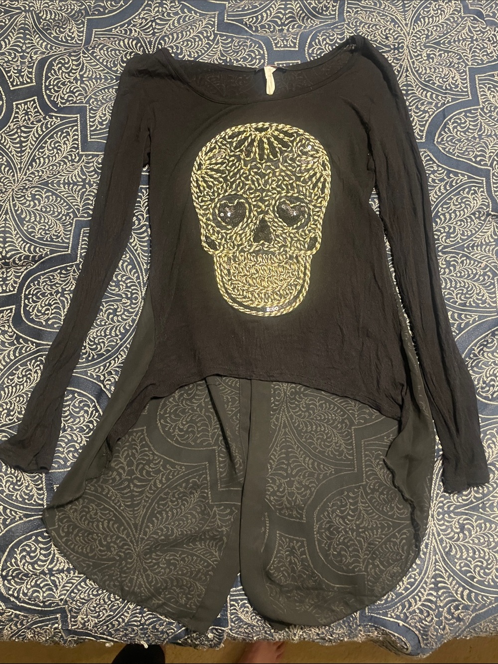 Body Central Black Long Sleeve Skull Sequin Top